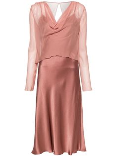 peach pink satin finish semi-sheer overlay V-neck lace trim spaghetti straps dart detailing detachable organza cover-up mid-length Salmon Dress, Midi Dress Pink, Sheer Overlay, Satin Midi Dress, Pink Midi Dress, Alberta Ferretti, Exclusive Fashion, Neck Lace, Peach Pink