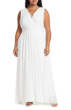 A flowy skirt and pleated bodice add graceful charm to this sleeveless maxi dress with an alluring V-neck. 60'' length (size 2X) Hidden back-zip closure V-neck Sleeveless Lined 100% polyester Machine wash Imported Model stats: 5'10" height, 41" bust, 36" waist, 48" hip. Model is wearing size 2X. White Flowy V-neck Maxi Dress, White V-neck Pleated Maxi Dress, Flowy V-neck Breezy Maxi Dress, White Stretch V-neck Maxi Dress, Goddess Maxi Dress, White Stretch A-line Maxi Dress, Gettin Hitched, Pleated Bodice, Daytime Dresses