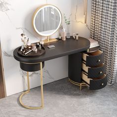 a dressing table with drawers and a round mirror