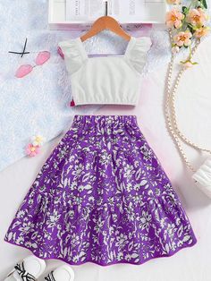 Purple Boho Collar   Floral,Plants,All Over Print  Embellished Slight Stretch  Tween Girls Clothing Semi Formal Dinner Outfit, Formal Dinner Outfit, Dinner Outfit Fall, Flower Print Skirt, Printed Pleated Skirt, Skirt Summer, Womens Maxi Skirts, Elegant Outfit, Girls Clothing