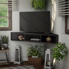 a flat screen tv mounted to the side of a wall next to potted plants