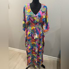 Nwt, Entro Brand, Size Med, Elastic Waist With Drawstring & Tassels, Maxi Dress Tropical Multicolor Dress For Day Out, Multicolor Tropical Print Dress For Brunch, Long Sleeve Tie Waist Dress For Beach, Casual Multicolor Print Maxi Dress For Brunch, Beach Rayon Maxi Dress With Tie Waist, Pink Vibrant Print Dress For Beach Cover-up, Pink Rayon Dress For Daywear, Multicolor Casual Tunic Beach Dress, Casual Multicolor Tunic Beach Dress