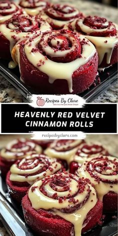 red velvet cinnamon rolls with icing drizzled on top