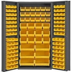 an open storage cabinet filled with yellow bins