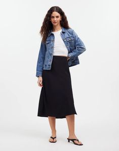 The Layton Midi Slip Skirt Denim Jacket Outfits, Midi Skirt Outfits, Silk Slip Skirt, Midi Slip Skirt, Sequin Midi Skirt, Midi Skirt Pattern, Madewell Skirt, Silk Midi Skirt, Striped Midi Skirt