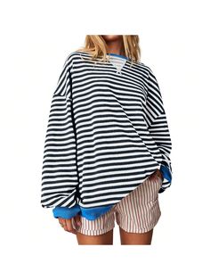 Black Casual Collar   Colorblock,Striped Pullovers Embellished   Women Clothing Relaxed Fit Crew Neck Top With Striped Cuffs, Oversized Striped Long Sleeve Sweater, Fall Tops With Striped Cuffs And Relaxed Fit, Casual Cotton Sweatshirt With Striped Sleeves, Trendy Oversized Striped Sweater, Casual Sweatshirt With Contrast Stripes In Relaxed Fit, Striped Relaxed Fit Sweatshirt For Streetwear, Striped Crew Neck Sweatshirt For Loungewear, Sporty Striped Cotton Sweatshirt