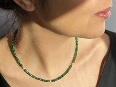 "Green Jade Beaded Necklace with Pearl, Green Jade Choker, Jade Choker Necklace DETAILS - Faceted Green Jade Beads 3 x 2 mm - 14K Gold Filled Spring Ring Clasp 5mm - 14K Gold Filled 2 inches Extender Chain - Natural Freshwater Pearl Select your preferred necklace length from the drop down menu. Model is wearing length 16\" Please note: Because we use natural stones, the stones may vary slightly in shape, shade and size. They may also contain natural inclusions. If you have any questions, please Small Beaded Necklace Choker, Green And Gold Beaded Necklace, Jade Beaded Necklace, Jade Pearl Necklace, Jade Choker, Green Beads Necklace, Green Pearl Necklace, Beaded Necklace Green, Green Bead Necklace