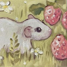 a painting of a white mouse in the grass with strawberries and flowers around it