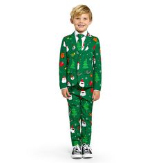 Does your little one want to look cool and stand out this holiday season? Look no further than this boys Festivity green Christmas tree gift-wrap paper print suit set. Does your little one want to look cool and stand out this holiday season? Look no further than this boys Festivity green Christmas tree gift-wrap paper print suit set. FEATURES Set includes: jacket, pants & tie Jacket: button front, long sleeves, 3 functional front pockets (1 inside pocket and 2 outer) Pants: elastic waistband with button and zipper fly closure, 2 side pocketsFABRIC & CARE Polyester Machine wash Imported Size: 8. Gender: male. Age Group: kids. Green Holiday Sets For Winter Season, Green Holiday Sets For Winter, Winter Party Green Suit, Green Winter Party Suit, Green Winter Holiday Sets, Casual Green Holiday Sets, Green Christmas Holiday Sets, Holiday Green Long Sleeve Sets, Casual Green Christmas Sets