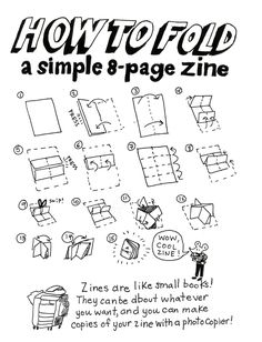 the instructions for how to fold a simple 8 - page zine, with pictures and text