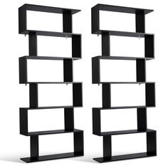 two black bookshelves sitting side by side in front of each other on a white background