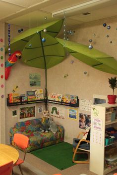 a child's playroom with green umbrellas hanging from the ceiling