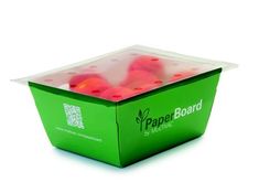 a green box filled with red balls on top of a white surface and the words paperboard written in it