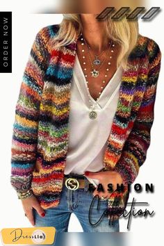 Slouchy Rainbow Stripe Cotton Knit Cardigan Sweater Tops Casual Chique Stijl, Slim Cardigan, Rainbow Cardigan, Loose Coats, Mohair Cardigan, Casual Stripes, Knitting Women Sweater, Striped Cardigan, Color Stripes