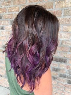 Purple Hair Streaks, Fantasy Hair Color, Purple Balayage, Dyed Tips, Purple Ombre Hair, Short Brown Hair