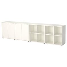 a white bookcase with six cubbys on the front and two doors open