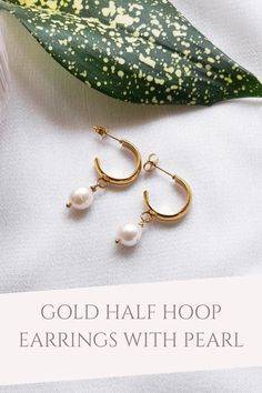 Gold Half hoop earrings with pearl. These earrings feature real freshwater and baroque pearls set in 18k gold-plated stainless steel half moon hoops with a stud finish. These freshwater pearl hoop earrings are so versatile as they can be worn day or night. They are perfect for brides, bridesmaids, weddings, date nights and other events and special occasions. 14k Gold Filled Hoop Earrings With Pearl Charm, 14k Gold-filled Pearl Drop Huggie Jewelry, 14k Gold Filled Pearl Drop Huggie Jewelry, Metal Hoop Earrings With Pearl Charm For Gift, Metal Hoop Earrings With Pearl Charm As A Gift, Dainty Metal Jewelry With Pearl Charm, Yellow Gold-plated Hoop Earrings With Pearl Charm, 14k Gold Filled Pearl Charm Hoop Earrings, Small Hoop Gold Jewelry With Pearl Charm