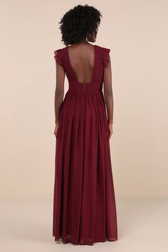 If you're aiming for effortless elegance for your next special event, then the Lulus Gorgeous Goal Burgundy Pleated Backless Surplice Maxi Dress is the perfect pick! Lightweight woven chiffon shapes this gorgeous gown that features a pleated bodice with asymmetrical seam detailing, a flirty surplice neckline, and an open-back design, all supported by wide straps with fluttery trim (and hidden no-slip strips at the shoulders). The high, fitted waist sits atop a flowy, A-line skirt that falls to a Pretty Midi Dresses, Backless Gown, Wine Dress, Latest Fashion Dresses, Dress Shopping, Surplice Neckline, Pleated Bodice, Women Best, Gala Dresses