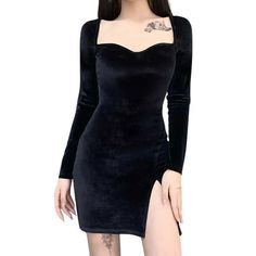 High Waist Long Sleeve Velvet Mini Dress - Ninja Cosmico Goth Subcultures, Dance Style Outfits, Velvet Mini Dress, Goth Dress, Dance Fashion, Patchwork Dress, Mini Velvet Dress, Sleeveless Crop Top, High Waisted Shorts Denim