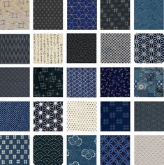 a bunch of different patterns that are on a white surface with blue and black colors