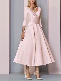 A-Line Mother of the Bride Dress Wedding Guest Elegant Vintage Plus Size V Neck Tea Length Satin 3/4 Length Sleeve with Pleats 2024 2024 - $119.99 Elegant Vintage Dresses Lightinthebox, Luxury Silk Tea Length Elegant Dress, Luxury Chic Midi Dress With 3/4 Sleeves, Cheap Elegant Dresses With 3/4 Sleeves, Luxury Chic Tea Length Maxi Dress, Luxury Fit And Flare Tea Length Dress, Luxury Tea Length Dress With Fitted Bodice, Luxury Feminine Tea Length Evening Dress, Luxury Evening Dress With Fitted Bodice In Tea Length