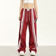 5ft 4''(166cm) tall, 95 lbs(43kg) weight and wearing a size S - Striped- Drawstring- Wide straight fit- Drape style- 2 colors Sporty Straight Leg Sports Bottoms, Casual Red Pants For Workout, Sporty Straight Leg Workout Pants, Sporty Workout Sweatpants, Athleisure Straight Streetwear Pants, Sportswear Straight Leg Joggers For Sports, Athleisure Straight Pants For Streetwear, Sporty Baggy Straight Leg Sweatpants, Sporty Streetwear Bottoms