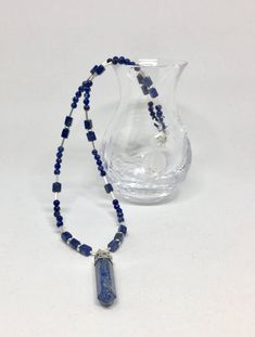 Dark blue lapis lazuli point silver pendant necklace, blue stone necklace, blue crystal necklace, bl Blue Stones Jewelry, Silver Squash Blossom Necklace, Blue Crystal Necklace, Blue Stone Necklace, Healing Stones Jewelry, Lapis Jewelry, Pave Necklace, Lapis Lazuli Crystal, Lapis Necklace