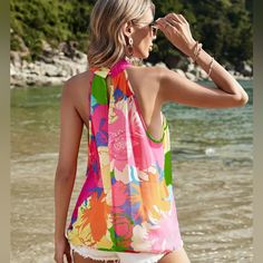 Vibrant Floral Halter Tank Top - Stylish Halter Neck & Sleeveless Design - Resort-Ready Vacation Style For Spring & Summer - Chic Womens Casual Top Xxl /14 V-neck Floral Print Tank Top For Beach, Stretch Tank Top For Beach, Sleeveless Printed Beach Top, Printed Sleeveless Beach Tops, Sleeveless Printed Tops For Beach, Pink Sleeveless Summer Top, Printed Halter Neck Tank Top For Summer, Stretch Sleeveless Beach Top, Sleeveless Stretch Tops For Beach