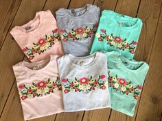 "Beautiful! Mexican embroidered t- shirts !! Fresh shirts - beautiful colors , Great shirts for hot summer. Great quality cotton fabric: stretchy. Care : Hand wash - no dryer. MEASUREMENTS: Armpit to armpit: 19.5\" Length: 26\" COLORS : There is two kinds of gray one is deeper color , one is more opaque, I will name the opaque color vintage gray , to make a difference between them. There is two kind of teal , one is deeper color and one is more opaque, the opaque color fabric has mix of gray and Summer T-shirt With Multicolor Embroidery And Short Sleeves, Summer T-shirt With Multicolor Embroidery, Summer Multicolor Embroidered Short Sleeve T-shirt, Summer Short Sleeve T-shirt With Embroidered Text, Spring Short Sleeve Tops With Embroidered Text, Casual Summer T-shirt With Embroidered Graphics, Summer Embroidered Graphic Tee, Summer Crew Neck T-shirt With Floral Embroidery, Summer T-shirt With Embroidered Text And Short Sleeves