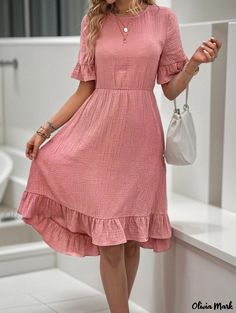 Olivia Mark - Stylish Cotton and Linen Casual Dress with Flared Short Sleeves, Round Neck, and Pleated Waist in Solid Color Linen Casual Dress, Short Bell Sleeves, Pink Linen Dress, Linen Shift Dress, A Line Maxi Dress, Dress With Pleats, Long Knitted Dress, Cotton Linen Dresses, Dress Dusty