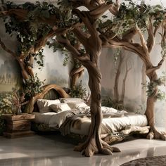 a bedroom with a canopy bed made out of branches and foliage on the wall behind it