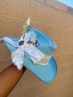 blue suede baby/kids/tots/teen cowboy custom hat  Can do any theme THIS IS LSF INSPIRED Can do kids sizes  2/3 4/5 6/8  10/12 And teens  (Can do babies 1 and under ( in other listing )  Personalize by texting me NAME & theme idea  LSF , western , dairy boy , coastal cowgirl , coquette , grandmillienal , fairy , birthday , carnival , Christmas etc . Western Mini Hat For Kentucky Derby, Western Style Mini Hats For Kentucky Derby, Western Style Mini Hat For Western-themed Events, Country Style Mini Hats For Kentucky Derby And Rodeo, Country Style Mini Hats For Kentucky Derby, Handmade Country Style Top Hat For Country Events, Blue Hat For Kentucky Derby Festival, Blue Hat For Kentucky Derby, Blue Hats For Rodeo And Kentucky Derby