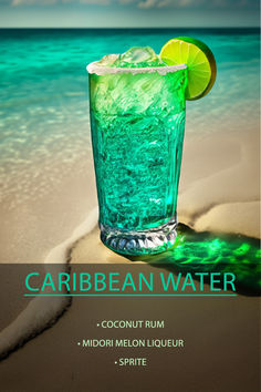 an advertisement for a tropical drink on the beach with water and limes in it