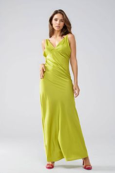 Q2 Satin Maxi Dress With Spaghetti Straps in Lime Green Satin V-neck Slip Dress With Ruched Detail, Green Slip Dress With Spaghetti Straps And Bias Cut, Green Bias Cut Slip Dress With Spaghetti Straps, Spring Fitted Modal Satin Maxi Dress, Fitted Modal Satin Maxi Dress For Spring, Summer Party Modal Satin Maxi Dress, Green Silk Slip Dress With Spaghetti Straps, Satin Maxi Dress With Spaghetti Straps, Summer V-neck Modal Satin Dress