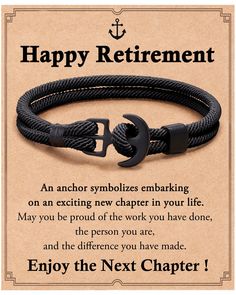 a black rope bracelet with an anchor symbol on it and the text, happy retirement