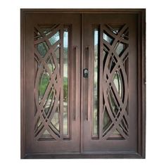 a double door with decorative glass panels on the front and side doors to both sides