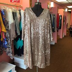 Glamorous Gold Party Dress ... *Small Hole In Neckline* Gold V-neck Midi Dress For Party, Glamorous Festive Midi Dress, Holiday Embellished Midi Dress For Party, Holiday Party Embellished Midi Dress, Embellished V-neck Fall Dresses, Fall Embellished V-neck Dresses, Champagne Sequin Dressy Dresses, Gold Holiday Dresses For Night Out, Gold Dresses For Holiday Night Out