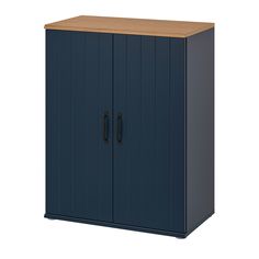 a blue cabinet with two doors and a wooden top on an isolated white background,