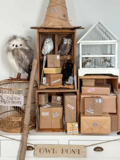 an owl sitting on top of boxes in front of a birdcage and other items