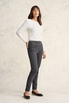 Our Bengajean® Skinny Leg is now available in trendy Grey Wash. In the signature pull-on style with elasticated waistband, these jeans create style in seconds and comfort that lasts the whole day. Crafted from Better Cotton, the Bengajean® is the perfect base to match back with any number of looks, including our Textured Jacquard Top or Long Sleeve Swing Tee featuring the colourful Aurora print. High Waist Relaxed Fit Pull-on Jeans, Stretch Bottoms For Elevated Casual Fall Wear, Fall Elevated Casual Pull-on Pants, Everyday Jeans With Elastic Waistband, Mid-rise Pull-on Jeans For Everyday, Everyday Washed Bottoms For Fall, Stretch Bottoms For Everyday In Fall, High Rise Stretch Gray Pants, Gray Stretch High Rise Jeans