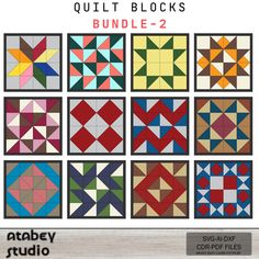 the quilt blocks are all different colors and sizes, but each has an interesting pattern