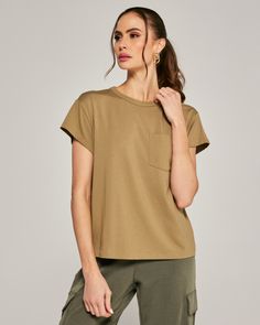 khaki-1011 Casual Stretch Top With Pockets, Versatile Relaxed Fit T-shirt For Spring, Casual Modal Top With Relaxed Fit, Relaxed Fit Modal Tops For Summer, Versatile Relaxed Fit T-shirt For Fall, Casual Modal Tops For Everyday, Casual Modal T-shirt, Casual Plain Khaki Tops, Summer Khaki T-shirt With Relaxed Fit