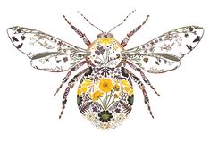 a drawing of a bee with flowers on it's back end and wings spread out