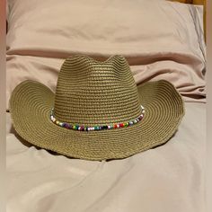 Never Worn, Only Fiddled With The Foldable Rim Adjustable Head Width On The Inside The Decor Can Be Removed But Came Attached Open To Questions Open To Reasonable Offers Casual One Size Straw Hat For Festivals, Casual One-size Straw Hat For Festivals, Festival Multicolor Beaded Hats, Casual Beaded Hats For Spring, Western Multicolor Sun Hat For Beach, Western Style Multicolor Sun Hat For Beach, Casual Beaded Fedora Sun Hat, Casual Beaded Sun Hat For Summer, Casual Beaded Straw Hat For Summer