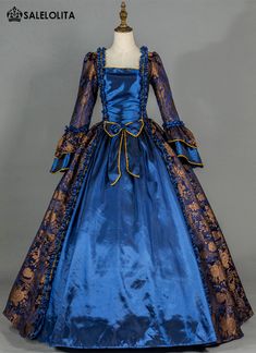 Renaissance Brocade Colonial Antique Blue Floral Victorian Ball Gown Blue Victorian Dress With Historical Design, Elegant Fitted Blue Medieval Dress, Elegant Blue Medieval Dress, Blue Regency Style Victorian Dress, Fitted Blue Victorian Vintage Dress, Victorian Blue Dresses With Historical Design, Vintage Brocade Victorian Dress For Costume, Blue Regency Style Victorian Costume Dress, Royal Long Sleeve Costume Dresses