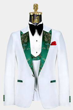 Fitted Green Tuxedo For Semi-formal Events, Elegant White Slim Fit Three-piece Suit, White Slim Fit Elegant Three-piece Suit, Green Fitted Elegant Sets, Elegant Tailored Green Tuxedo, Elegant Green Three-piece Groom's Suit, Elegant Green Three-piece Suit For Groom, White Slim Fit Three-piece Suit For Formal Occasions, Elegant Fitted Green Blazer