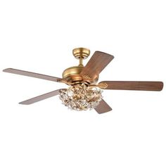 a gold ceiling fan with crystal chandelier hanging from it's center point