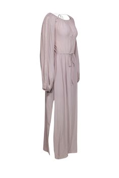 Make a boho statement with this minimalistic maxi dress from Joslin! This breezy frock is made with a lightweight silk that will have you feeling like a total boho queen when you rock this on a fall day spent at your local winery. Pair this with an espadrille or light bootie for an easy and light fall ensemble! Size S Shell: 100% Silk Contrast: 100% Cotton Lining: 100% Viscose Dual tie-up closure Straight silhouette Scoop neckline Long sleeves Drawstring waist Bust 32" Waist 22" Shoulder to hem Beige Long Sleeve Maxi Dress For Beach Cover-up, Chic Rayon Maxi Dress For Beach Cover-up, Elegant Beige Boho Maxi Dress, Chic Rayon Loungewear Dress, Flowy Breezy Long Maxi Dress, Flowy Floor-length Breezy Maxi Dress, Breezy Flowy Long Maxi Dress, Flowy Long Maxi Dress In Breezy Style, Flowy Floor-length Boho Casual Dress