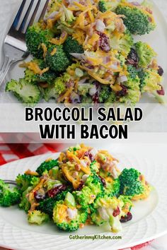 broccoli salad with bacon on a white plate