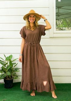 "* Bohemian Style Dress  * One Size Fits Most (US Women's S-2XL) * Organic Double Gauzed Cotton * Ruffled Tiered Hem * Flowy Ruffled Sleeves * Bust up to 60\" * Length with Hem 50\" * Adjustable rope around the waist * Suitable for any occasion * Great gift for yourself or your loved ones" Bohemian Short Sleeve Dresses In Natural Dye, Flowy Bohemian Maxi Linen Dress, Bohemian Short Sleeve Linen Dress For Beach, Flowy Cotton Boho Sundress, Flowy Boho Peasant Dress For Beach, Bohemian Linen Dress For Spring, Flowy Bohemian Cotton Boho Dress, Flowy Spring Maxi Dress With Natural Dye, Bohemian Dresses With Natural Dye For Spring